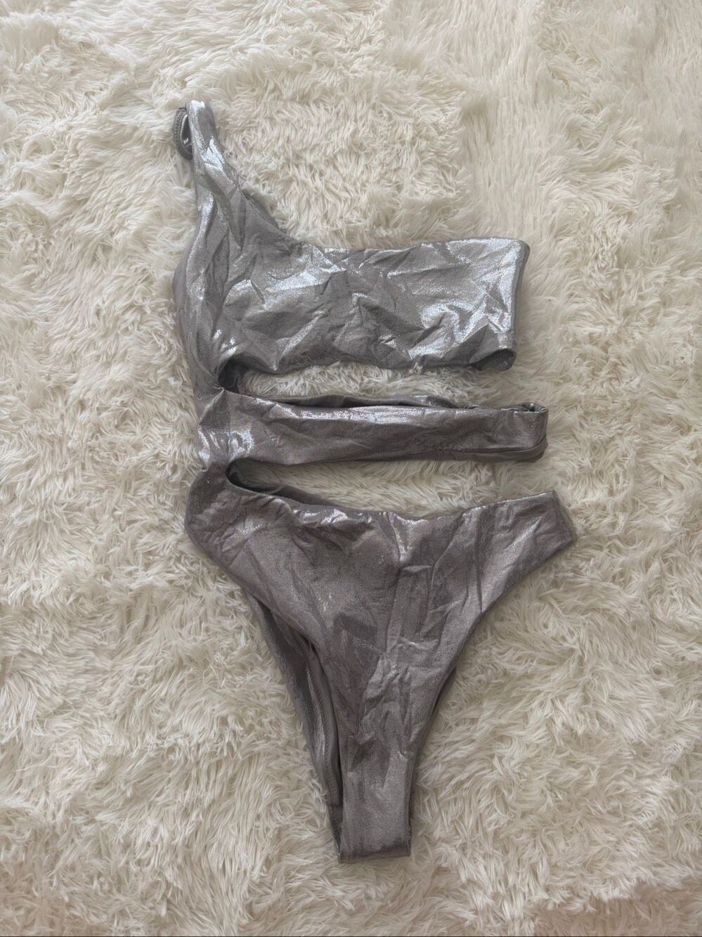 SKIMS Liquid shine swim knotted one shoulder monokini size S shiny silver color:
